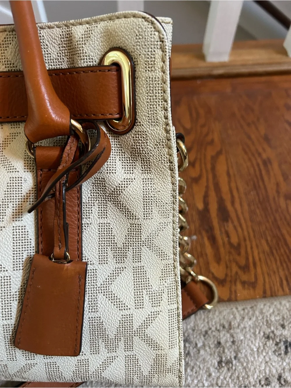 Michael Kors Cream and Tan Logo Satchel with Gold Hardware